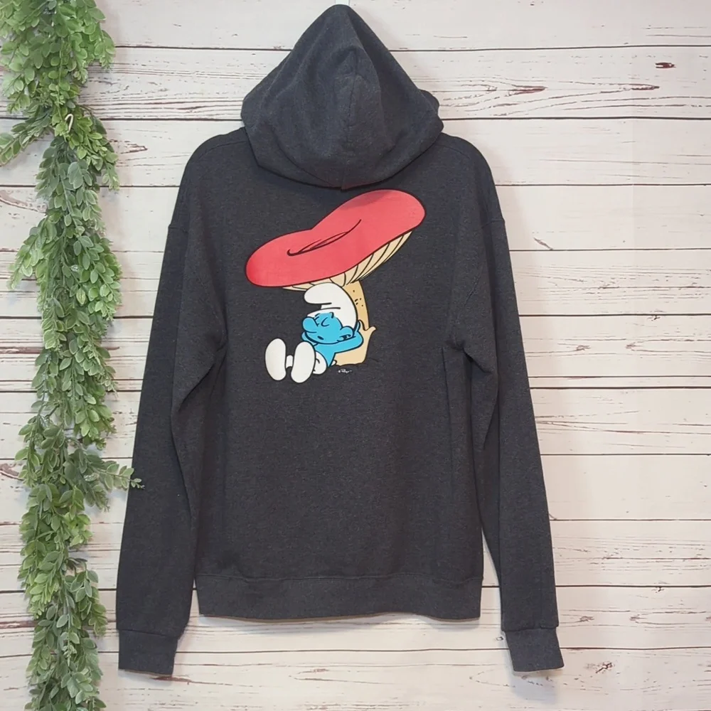 The Smurfs Peyo Lazy Sleepy Smurf Mushroom Hooded Sweatshirt Hoodie‎ Medium Grey